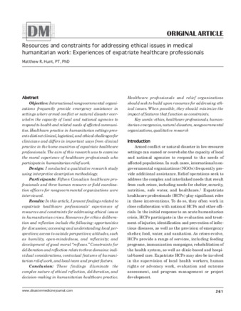 Resources and constraints for addressing ethical issues in medical humanitarian work: Experiences of expatriate healthcare professionals thumbnail