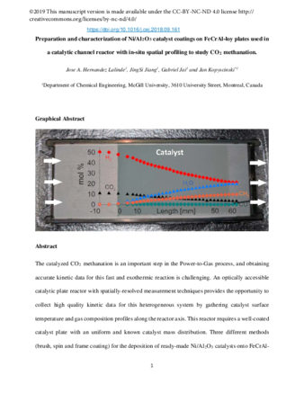 Preparation and characterization of Ni/Al2O3 catalyst coatings on FeCrAl-loy plates used in a catalytic channel reactor with in-situ spatial profiling to study CO2 methanation thumbnail