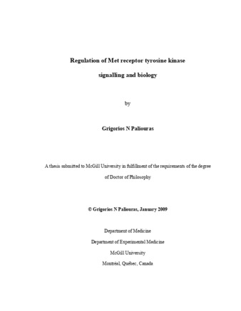 Regulation of met receptor tyrosine kinase signalling and biology thumbnail