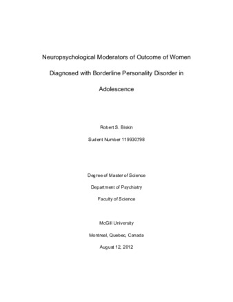 Neuropsychological moderators of outcome of women diagnosed with borderline personality disorder in adolescence thumbnail