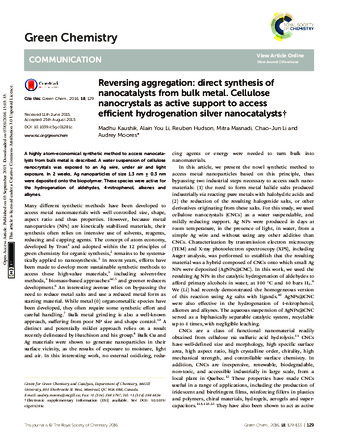 Reversing aggregation: Direct synthesis of nanocatalysts from bulk metal. Cellulose nanocrystals as active support to access efficient hydrogenation silver nanocatalysts thumbnail