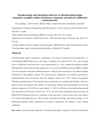 Manufacturing and tribological behavior of self-lubricating duplex composites: graphite-reinforced polymer composites and polymer-infiltrated-metal-networks thumbnail