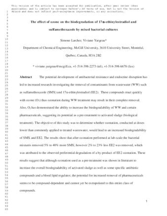 The effect of ozone on the biodegradation of 17α-ethinylestradiol and sulfamethoxazole by mixed bacterial cultures thumbnail