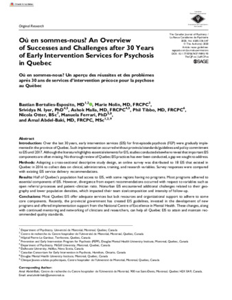 Où en sommes-nous? An Overview of Successes and Challenges after 30 Years of Early Intervention Services for Psychosis in Quebec: Où en sommes-nous? Un aperçu des réussites et des problèmes après 30 ans de services d'intervention précoce pour la psychose au Québec thumbnail