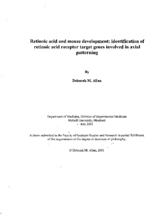 Retinoic acid and mouse development : identification of retinoic acid receptor target genes involved in axial patterning thumbnail