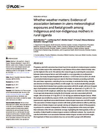 Whether weather matters: Evidence of association between in utero meteorological exposures and foetal growth among Indigenous and non-Indigenous mothers in rural Uganda thumbnail