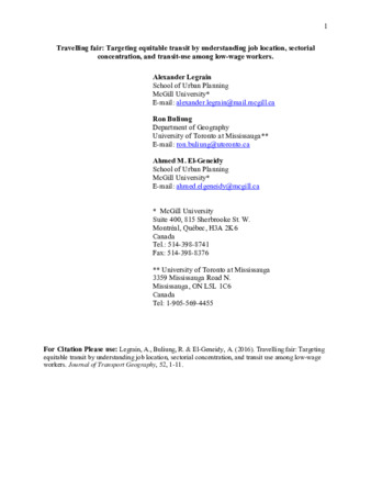 Travelling fair: Targeting equitable transit by understanding job location, sectorial concentration, and transit use among low-wage workers thumbnail