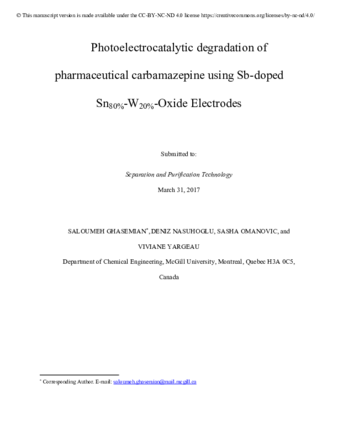 Photoelectrocatalytic degradation of pharmaceutical carbamazepine using Sb-doped Sn80%-W20%-oxide electrodes thumbnail