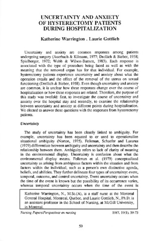 Uncertainty and Anxiety of Hysterectomy Patients During Hospitalization thumbnail