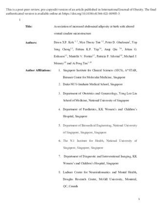 Association of increased abdominal adiposity at birth with altered ventral caudate microstructure thumbnail