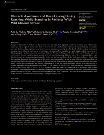 Obstacle Avoidance and Dual-Tasking During Reaching While Standing in Patients With Mild Chronic Stroke thumbnail