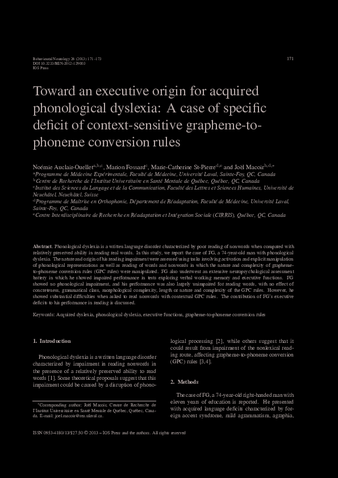 Toward an executive origin for acquired phonological dyslexia: a case of specific deficit of context-sensitive grapheme-to- phoneme conversion rules thumbnail