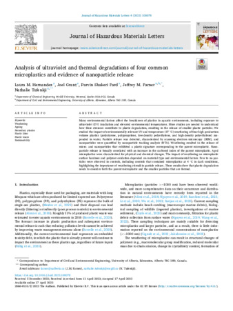Analysis of ultraviolet and thermal degradations of four common microplastics and evidence of nanoparticle release thumbnail