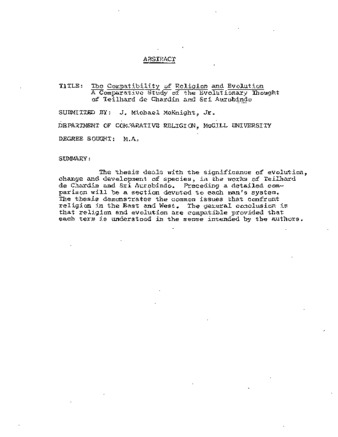 The compatability of religion and evolution : a comparative study of the evolutionary thought of Teilhard de Chardin and Sri Aurobindo. thumbnail