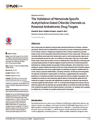 The Validation of Nematode-Specific Acetylcholine-Gated Chloride Channels as Potential Anthelmintic Drug Targets thumbnail