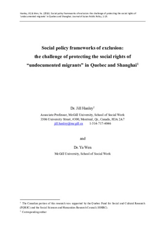 Social policy frameworks of exclusion: the challenge of protecting the social rights of ‘undocumented migrants’ in Quebec and Shanghai thumbnail