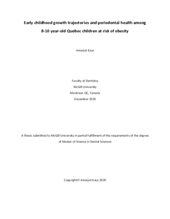 Early childhood growth trajectories and periodontal health among 8-10 year-old Quebec children at risk of obesity thumbnail