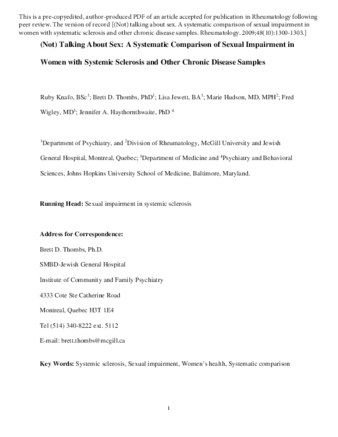 (Not) Talking About Sex: A Systematic Comparison of Sexual Impairment in Women with Systemic Sclerosis and Other Chronic Disease Samples thumbnail