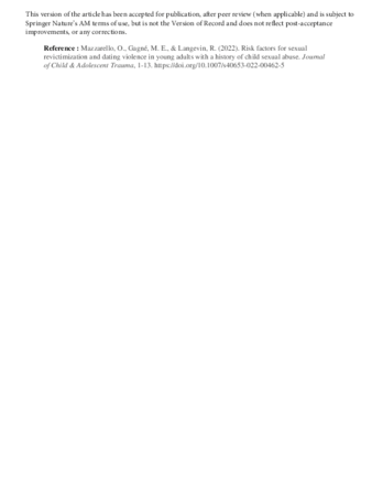 Risk Factors for Sexual Revictimization and Dating Violence in Young Adults with a History of Child Sexual Abuse thumbnail