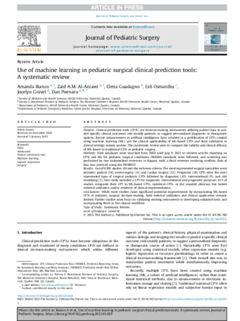 Use of machine learning in pediatric surgical clinical prediction tools: A systematic review thumbnail