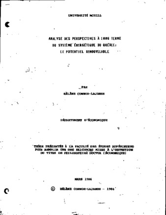 Analyse des perspectives à long terme du système énergétique du Québec : le potentiel renouvable thumbnail