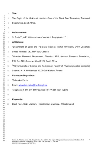 The origin of the gold and uranium ores of the Black Reef Formation, Transvaal Supergroup, South Africa thumbnail