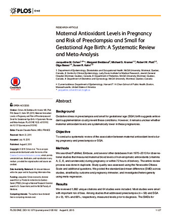 Maternal Antioxidant Levels in Pregnancy and Risk of Preeclampsia and Small for Gestational Age Birth: A Systematic Review and Meta-Analysis thumbnail
