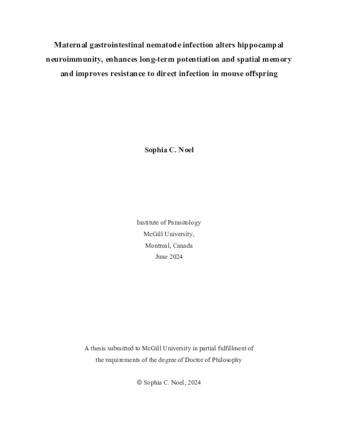 Maternal gastrointestinal nematode infection alters hippocampal neuroimmunity, enhances long-term potentiation and spatial memory and improves resistance to direct infection in mouse offspring thumbnail