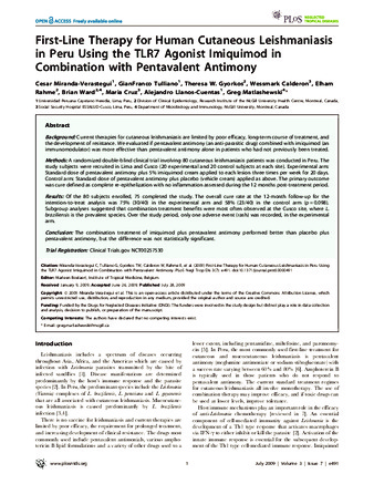 First-Line Therapy for Human Cutaneous Leishmaniasis in Peru Using the TLR7 Agonist Imiquimod in Combination with Pentavalent Antimony thumbnail