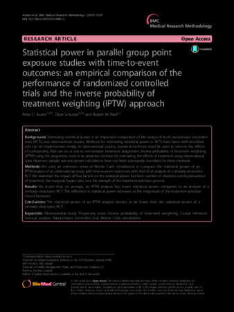 Statistical power in parallel group point exposure studies with time-to-event outcomes: an empirical comparison of the performance of randomized controlled trials and the inverse probability of treatment weighting (IPTW) approach thumbnail