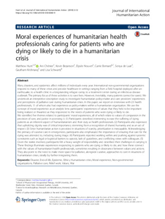 Moral experiences of humanitarian health professionals caring for patients who are dying or likely to die in a humanitarian crisis thumbnail