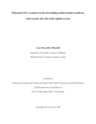 Melatonin MT2 receptors in the descending antinociceptive pathway and reward: the role of the opioid system thumbnail