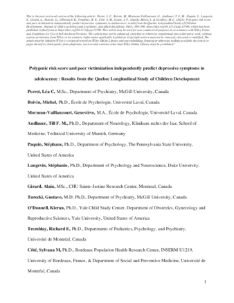 Polygenic risk score and peer victimisation independently predict depressive symptoms in adolescence: results from the Quebec Longitudinal Study of Children Development thumbnail