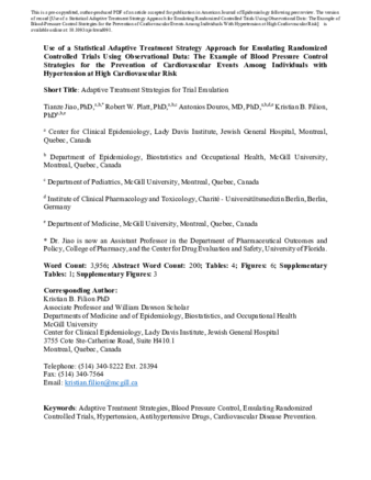 Use of a Statistical Adaptive Treatment Strategy Approach for Emulating Randomized Controlled Trials Using Observational Data: The Example of Blood-Pressure Control Strategies for the Prevention of Cardiovascular Events Among Individuals With Hypertension at High Cardiovascular Risk thumbnail