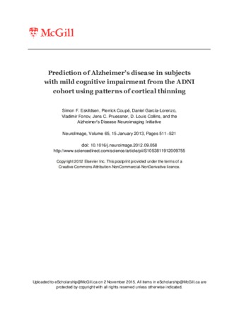 Prediction of Alzheimer’s disease in subjects with mild cognitive impairment from the ADNI cohort using patterns of cortical thinning thumbnail