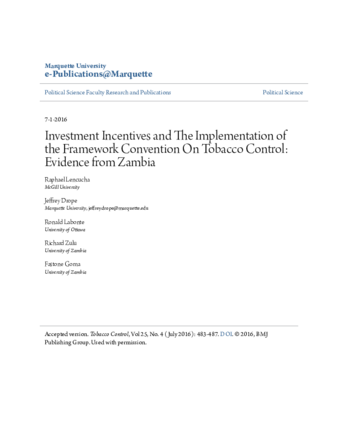 Investment incentives and the implementation of the Framework Convention on Tobacco Control: evidence from Zambia thumbnail