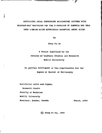 Artificial cells containing multienzyme systems with dextran-nad+ recycling for the conversion of Ammonia and urea into L-amino acids especially essential amino acids thumbnail