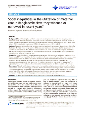 Social inequalities in the utilization of maternal care in Bangladesh: Have they widened or narrowed in recent years? thumbnail