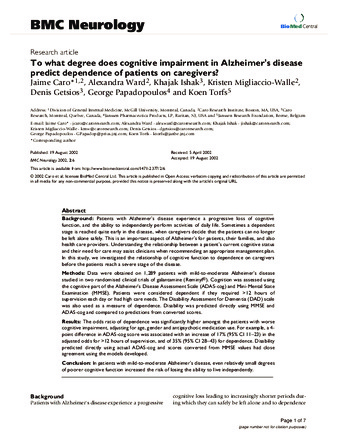 To what degree does cognitive impairment in Alzheimer's disease predict dependence of patients on caregivers? thumbnail