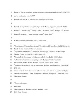 Report of four new patients with protein truncating mutations in C6orf221/KHDC3L and co-localization with NLRP7 thumbnail