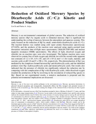 Reduction of Oxidized Mercury Species by Dicarboxylic Acids (C2−C4): Kinetic and Product Studies thumbnail