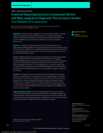 Preferred Reporting Items for a Systematic Review and Meta-analysis of Diagnostic Test Accuracy Studies: The PRISMA-DTA Statement thumbnail