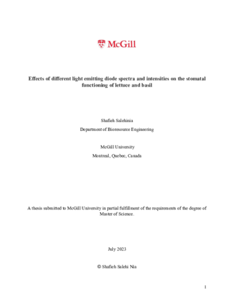 Effects of different light emitting diode spectra and intensities on the stomatal functioning of lettuce and basil thumbnail