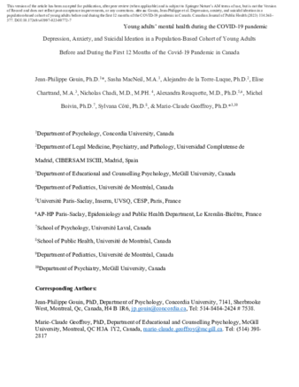 Depression, anxiety, and suicidal ideation in a population-based cohort of young adults before and during the first 12 months of the COVID-19 pandemic in Canada thumbnail