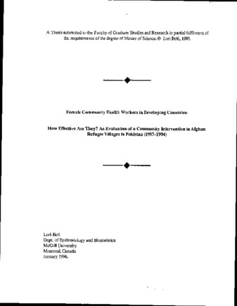 Female community health workers in developing countries : How effective are they? An evaluation of a community intervention in Afghan refugee villages in Pakistan (1987-1994) thumbnail