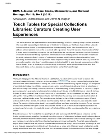 Touch Tables for Special Collections Libraries: Curators Creating User Experiences thumbnail
