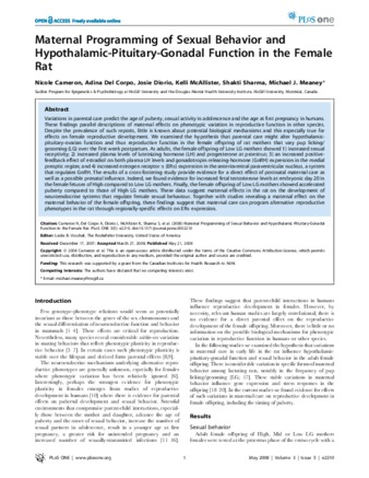 Maternal Programming of Sexual Behavior and Hypothalamic-Pituitary-Gonadal Function in the Female Rat thumbnail
