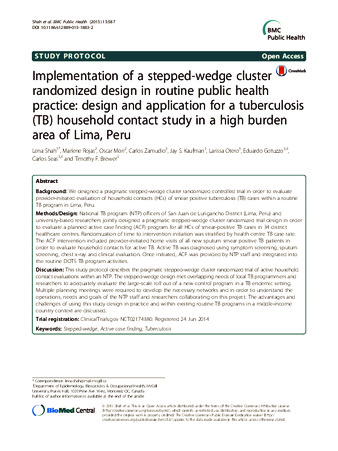 Implementation of a stepped-wedge cluster randomized design in routine public health practice: design and application for a tuberculosis (TB) household contact study in a high burden area of Lima, Peru thumbnail