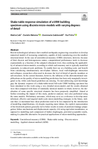 Shake-table response simulation of a URM building specimen using discrete micro-models with varying degrees of detail thumbnail