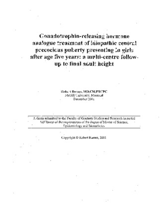 Gonadotrophin-releasing hormone analogue treatment of idiopathic central precocious puberty presenting in girls after age five years : a multi-centre follow-up to final adult height thumbnail